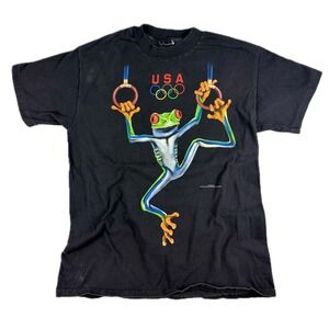 Vintage USA Olympics Frog Gymnastics T Shirt Mens L Black Good Single Stitch 90s